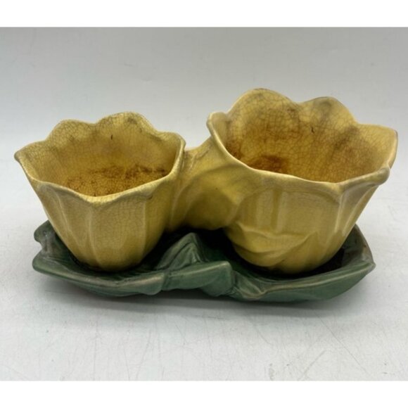 Vintage McCoy Planter Double Tulip With Swallow 1940s Ceramic 7" H Yellow - Picture 2 of 6